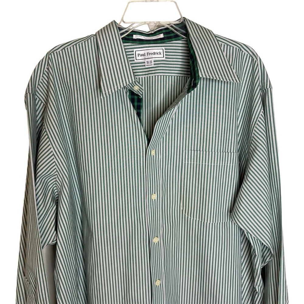 Paul Fredrick Men’s Green Pinstriped Cotton Button Up Dress Shirt